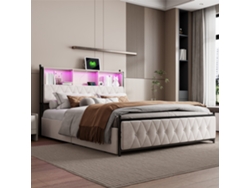 Cama Tapizada 160 X 200 Cm, Cama De Matrimonio Con Iluminación Led Y Conexión Usb, Con 4 Cajones Y Cabecero Con Almacenaje, Terciopelo Beige