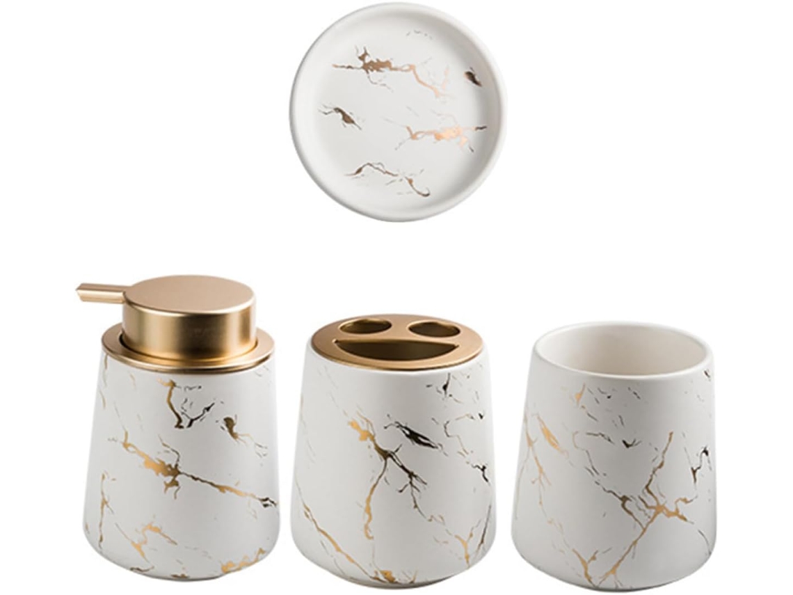 Juego de baño con dos tazas y bandeja de cerámica, jabonera, un kit elegante y práctico.