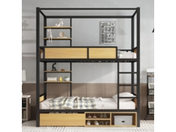 Litera de 90x200 cm con estante, 1 cajón y compartimento de almacenaje, metal MDF negro, estilo natural