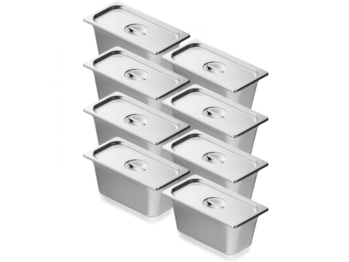 Juego de 8 bandejas de acero inoxidable GN 1/3 con tapa para cocina profesional Tekmaquinas