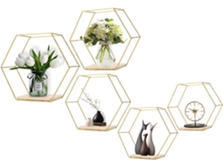 RNEMITERY Estantes flotantes hexagonales, robustos y estables, de alambre de metal dorado y madera, para montar en la pared. Almacenamiento decorativo para una 
