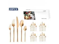 Juego de cubiertos de acero inoxidable de 20 piezas con acabado brillante en oro rosa, kit completo para uso doméstico y en fiestas.