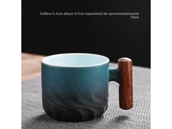 Taza de café vintage hecha a mano con asa de madera, de cerámica resistente a productos químicos. Mdug (azul, 70 ml)