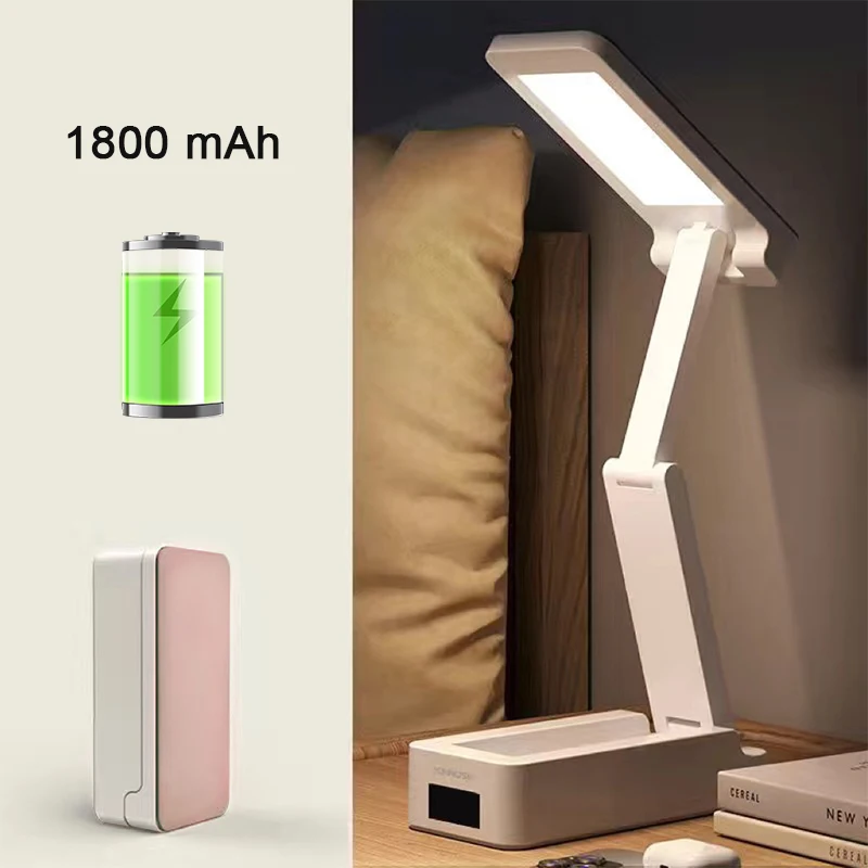 Lámpara de escritorio plegable portátil (rosa, 1800 mAh) con reloj, recargable por USB, lámpara de escritorio LED plegable