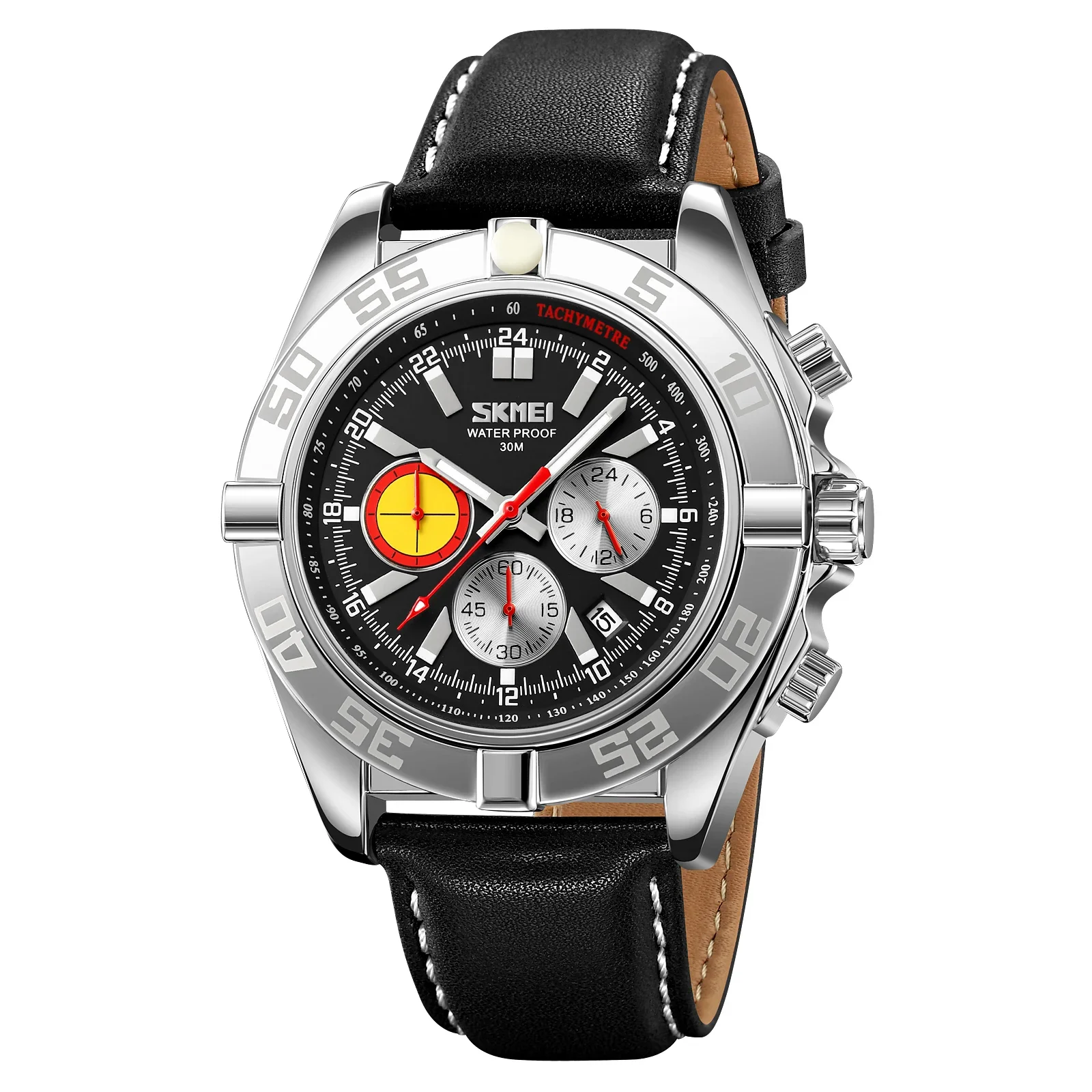 Correa De Cuero Genuino (plateada-negra)movimiento De Cuarzo Japonés,cronógrafo, Reloj De Pulsera Impermeable Para Hombre, Indicador De Fecha