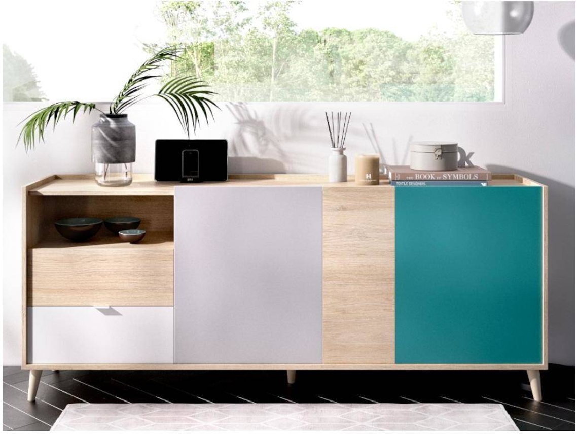 Aparador 3 Puertas y 2 Cajones DKIT Nova (Blanco/Gris/Natural/Esmeralda - 75x180x43 cm)