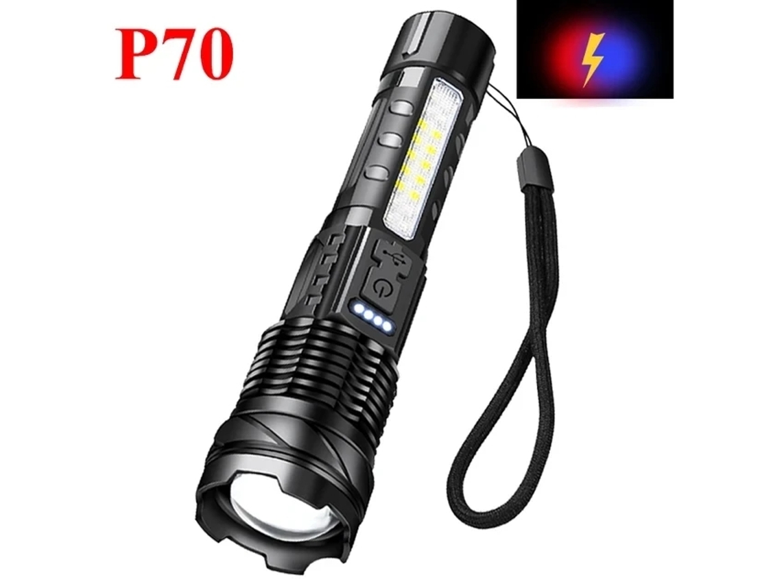 Linterna LED táctica de alta potencia con zoom telescópico, batería incorporada, recargable por USB, ideal para emergencias y campamentos. Viewleaf