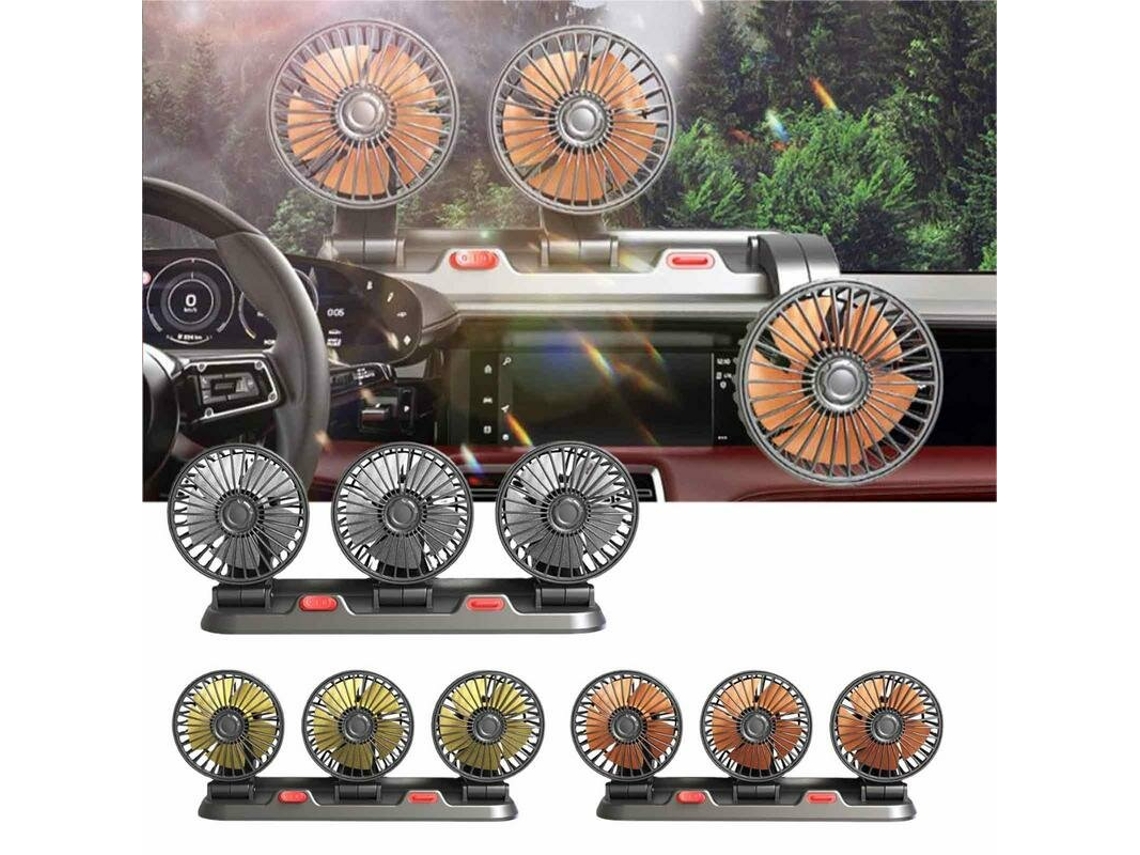 Ventilador de coche pequeño, portátil, de tres cabezales, 5 V/12 V, 2 velocidades, con placa de estacionamiento para camión