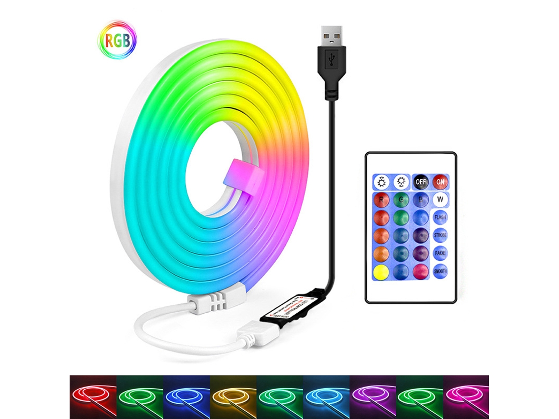Tira de LED de silicona flexible USB, luz de neón RGB con control remoto infrarrojo de 24 teclas para sala de estar, hogar, fiesta, Gertiz (4 m)