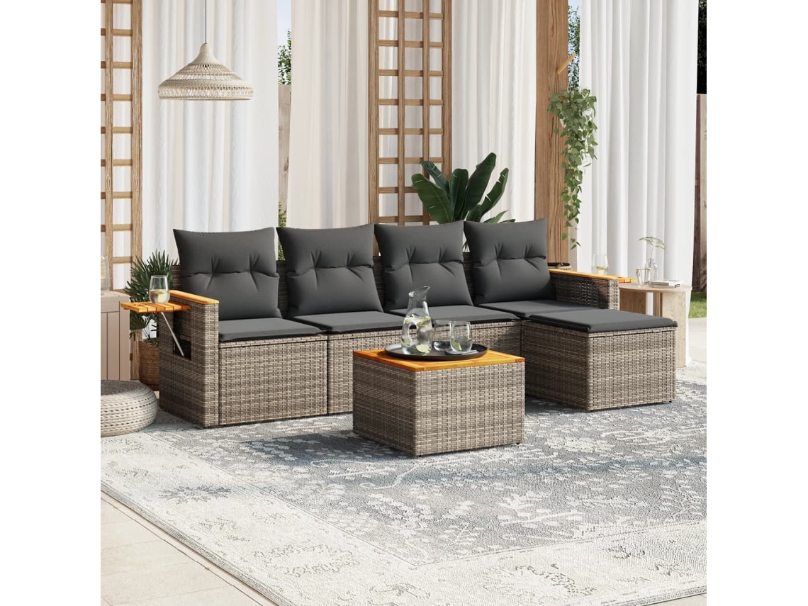 Conjunto de sofá de jardín de 6 piezas con cojines de mimbre gris, Dkd Home Decor