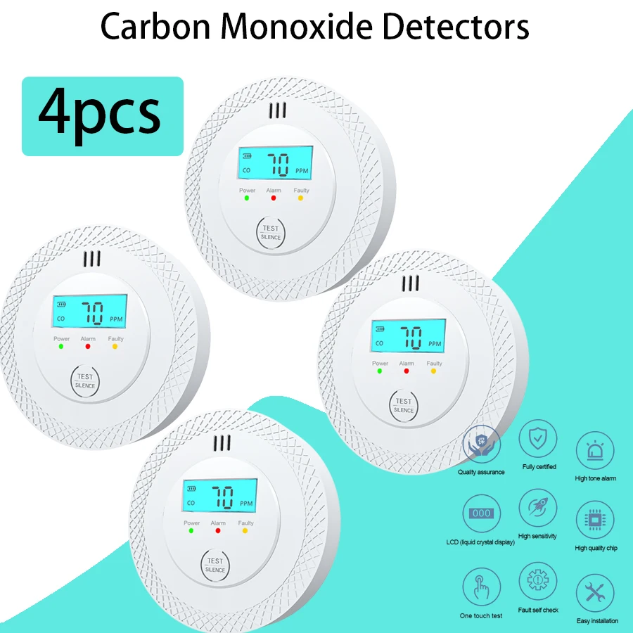 (4 Unidades, Pilas No Incluidas) Detectores De Monóxido De Carbono, Alimentados Por Pilas, Con Pantalla Digital Y Luces Led.