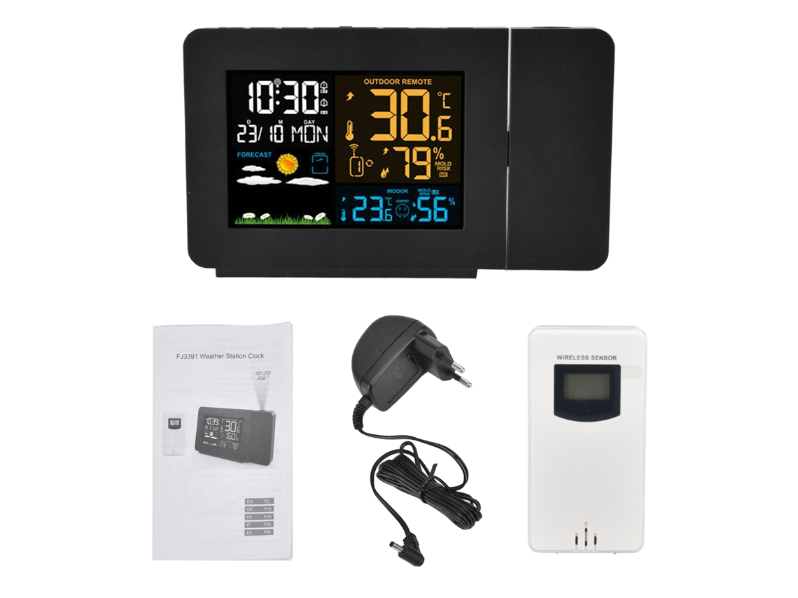 Termómetro digital Baok para interiores y exteriores con reloj de proyección, alcance de transmisión de 60 m, pronóstico de temperatura, higrómetro y retroiluminación.