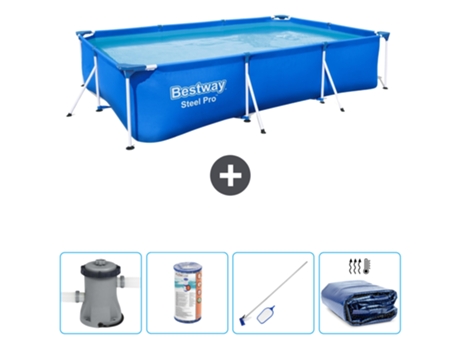 Piscina BESTWAY rectangular Steel Pro - 300 x 201 x 66 cm - Azul - Bomba incluida Filtrar - kit de limpieza - Vela solar