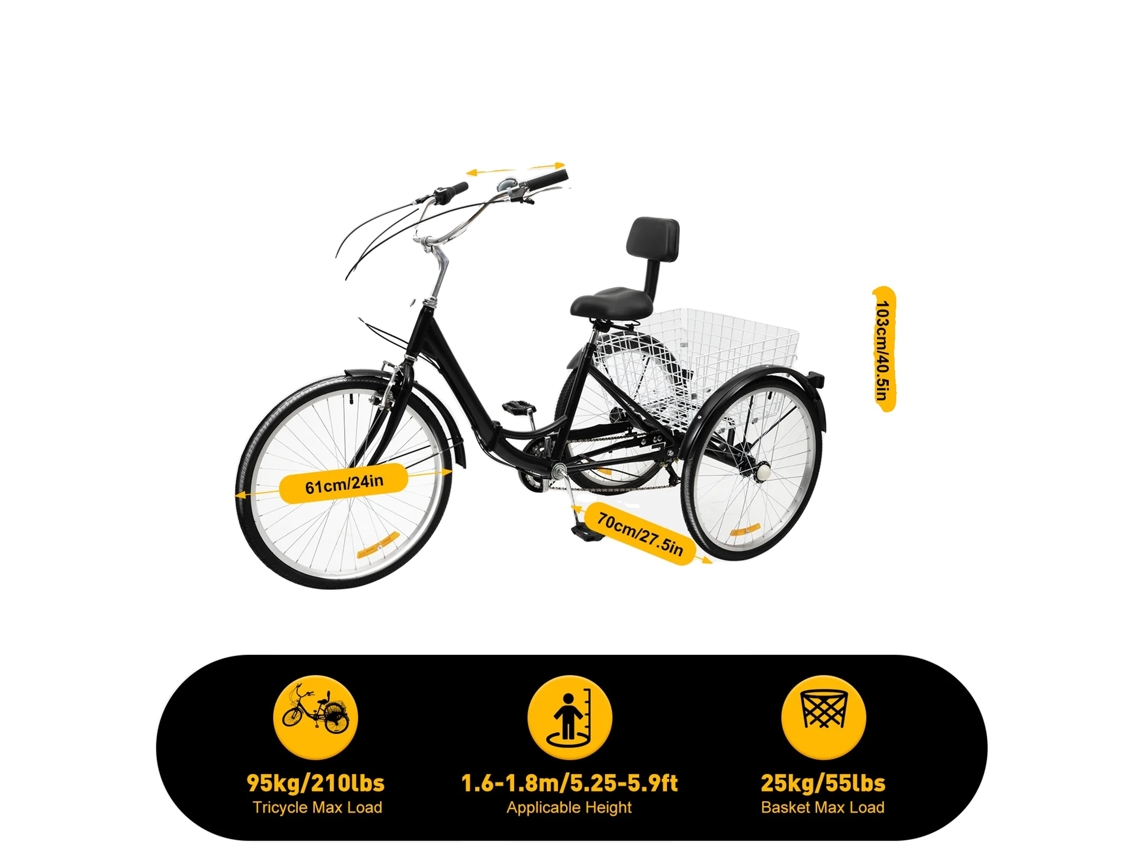 Triciclo para adultos, transmisión de 7 velocidades, altura del asiento ajustable, diseño sólido de tres ruedas OEM