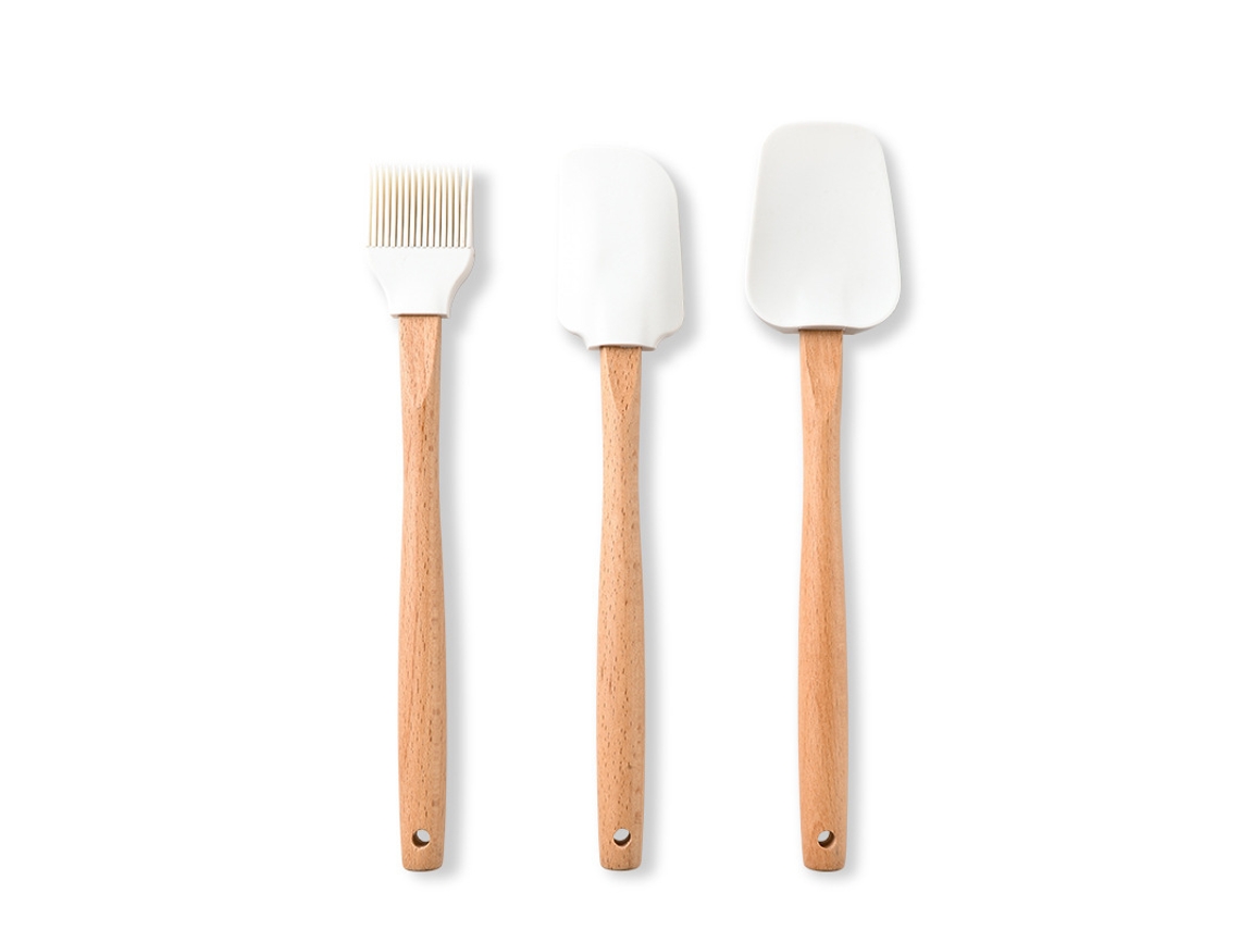 Kit de 3 piezas: raspador de crema, espátula de silicona y pincel para aceite, mango de madera, antiadherente, utensilios de repostería, blanco Viewleaf