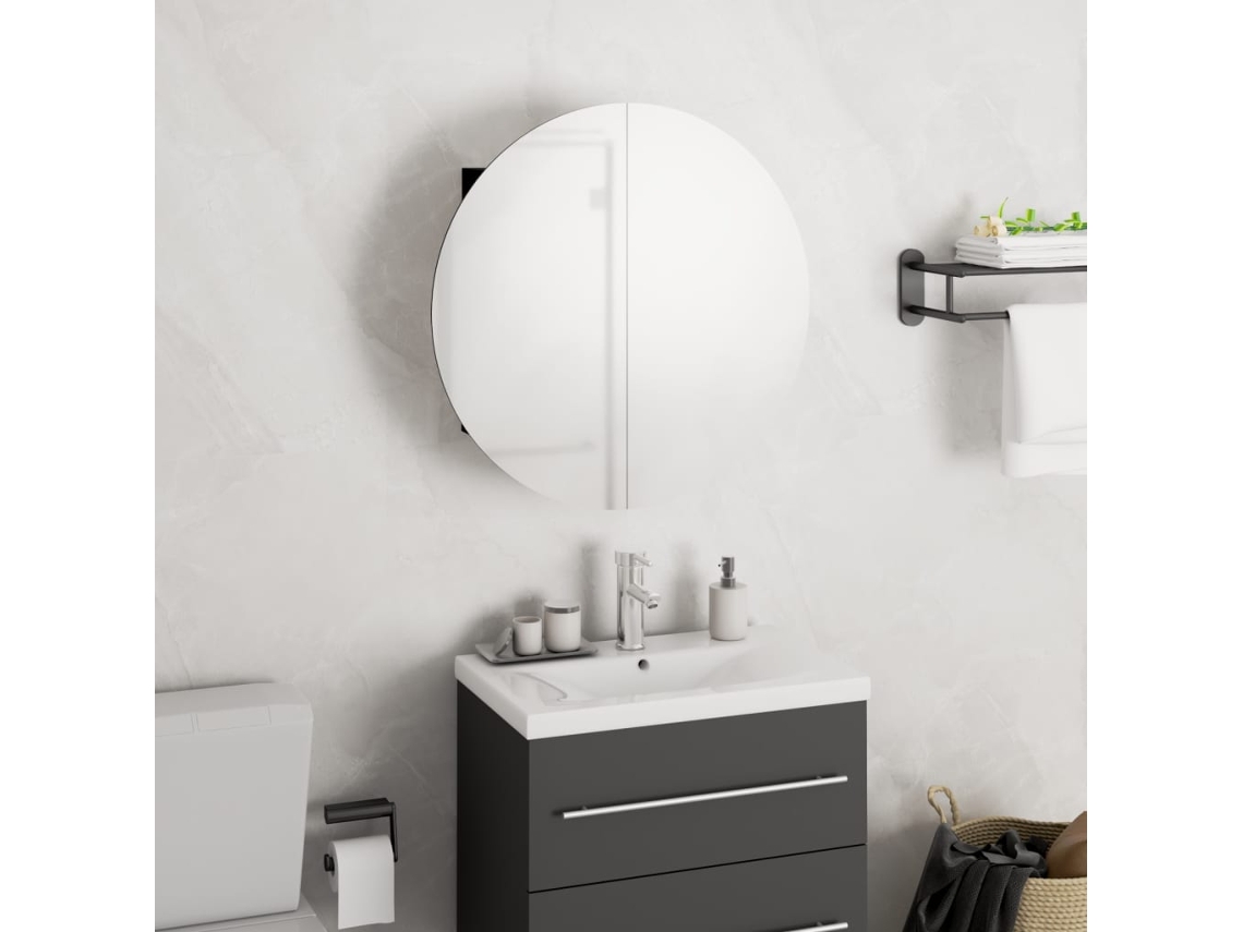 Armario De Baño Con Espejo Redondo Y Led Negro 40x40x17,5 Cm