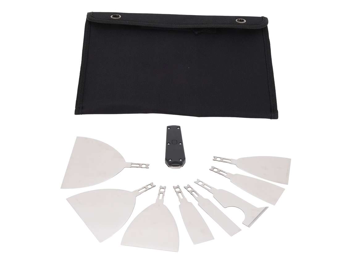 Ferramenta multifuncional para raspar tinta com cabo ergonômico em aço inoxidável para reparos em drywall.