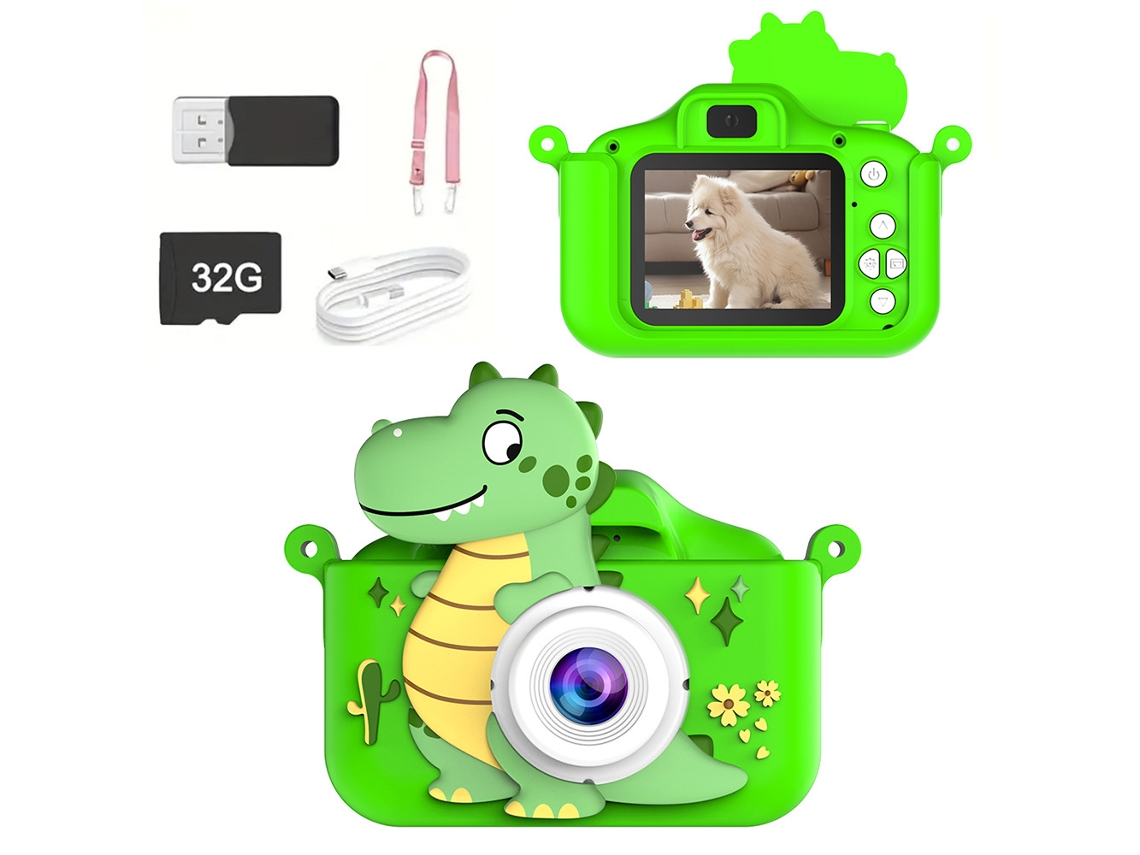 Cámara digital Gertiz para niños, 1080p HD, con doble cámara y diseño de dinosaurio, 32 g, para niños de 3 a 12 años, color verde