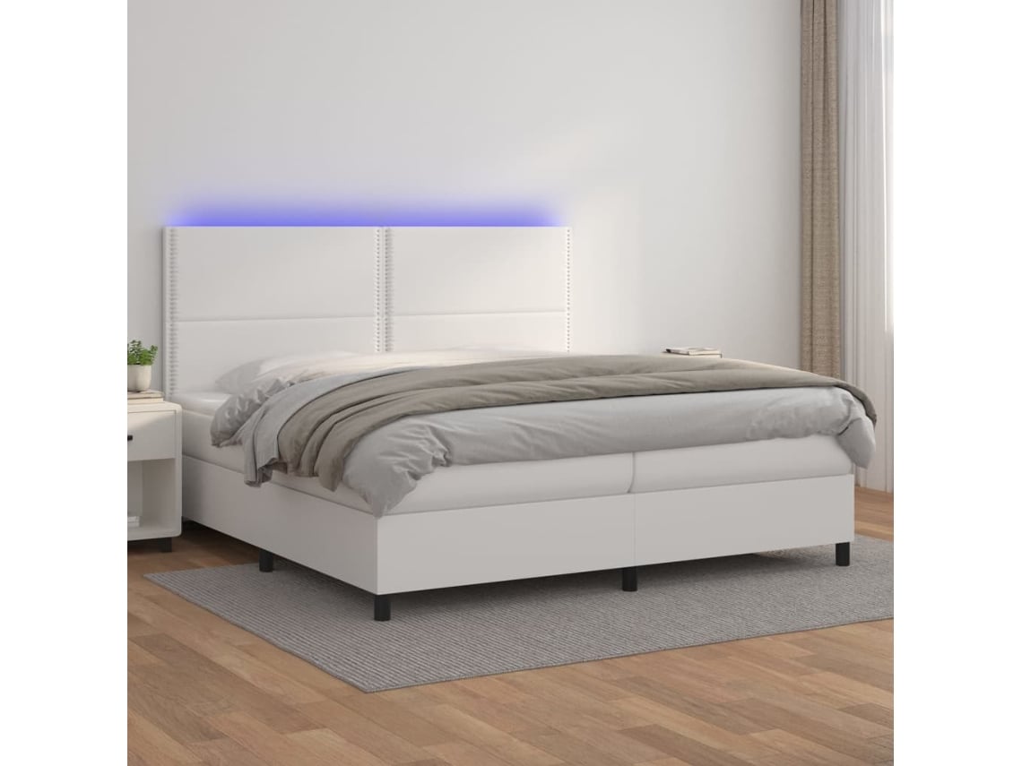 Cama Box Spring Colchón Y Led Cuero Sintético Blanco 200x200 Cm