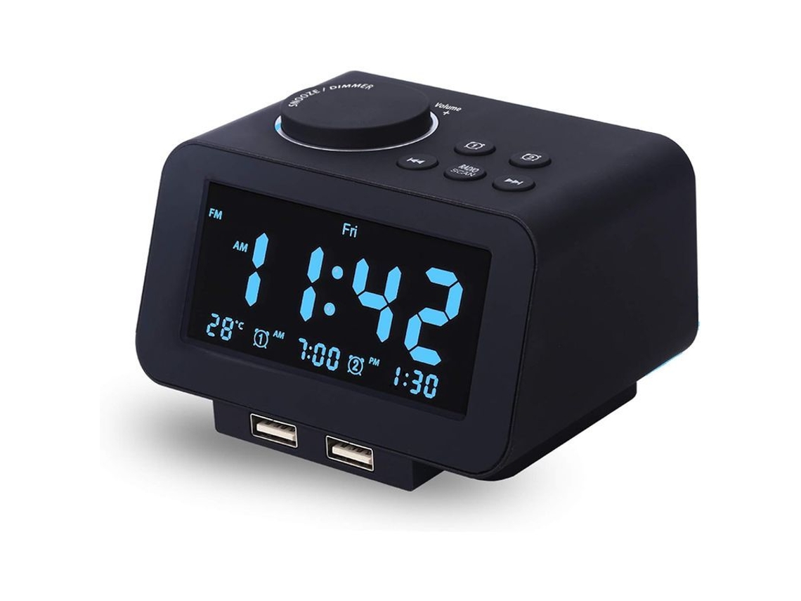 2026-despertador Digital Con Radio Fm, 2 Puertos Usb, Detección De Temperatura, 2 Alarmas Y 6 Niveles De Brillo