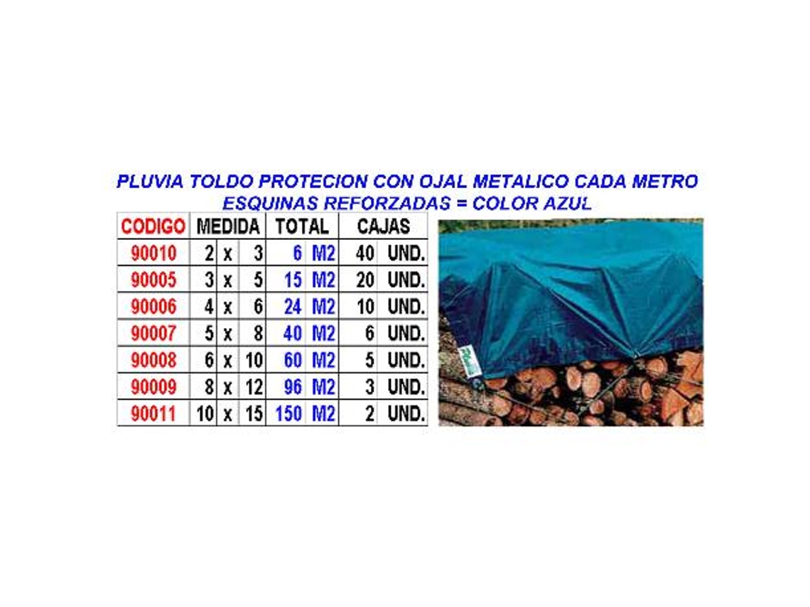 Pluvia toldo proteccion+ojal+refuerzo   6x10   60 m2 80gr azul