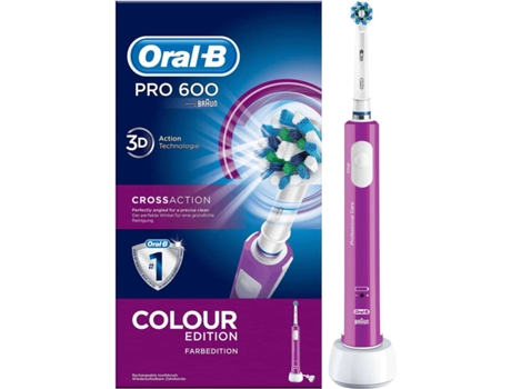 Cepillo Oralb Pro 600 d16513 morado 3d crossaction dientes con mango recargable tecnología braun y 1 cabezal recambio dental pro600 purple sensor