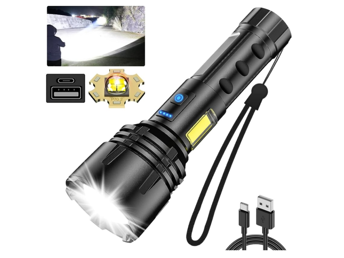 Linterna súper brillante de alto lumen, linternas alimentadas por XHP70 recargables con batería, luz de trabajo COB, 7 modos (negro) YIZHOOD