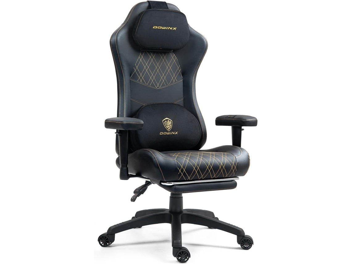 Silla ergonómica para juegos con masaje y calefacción, asiento reclinable a 135°, ideal para PC y oficina, color negro y dorado.
