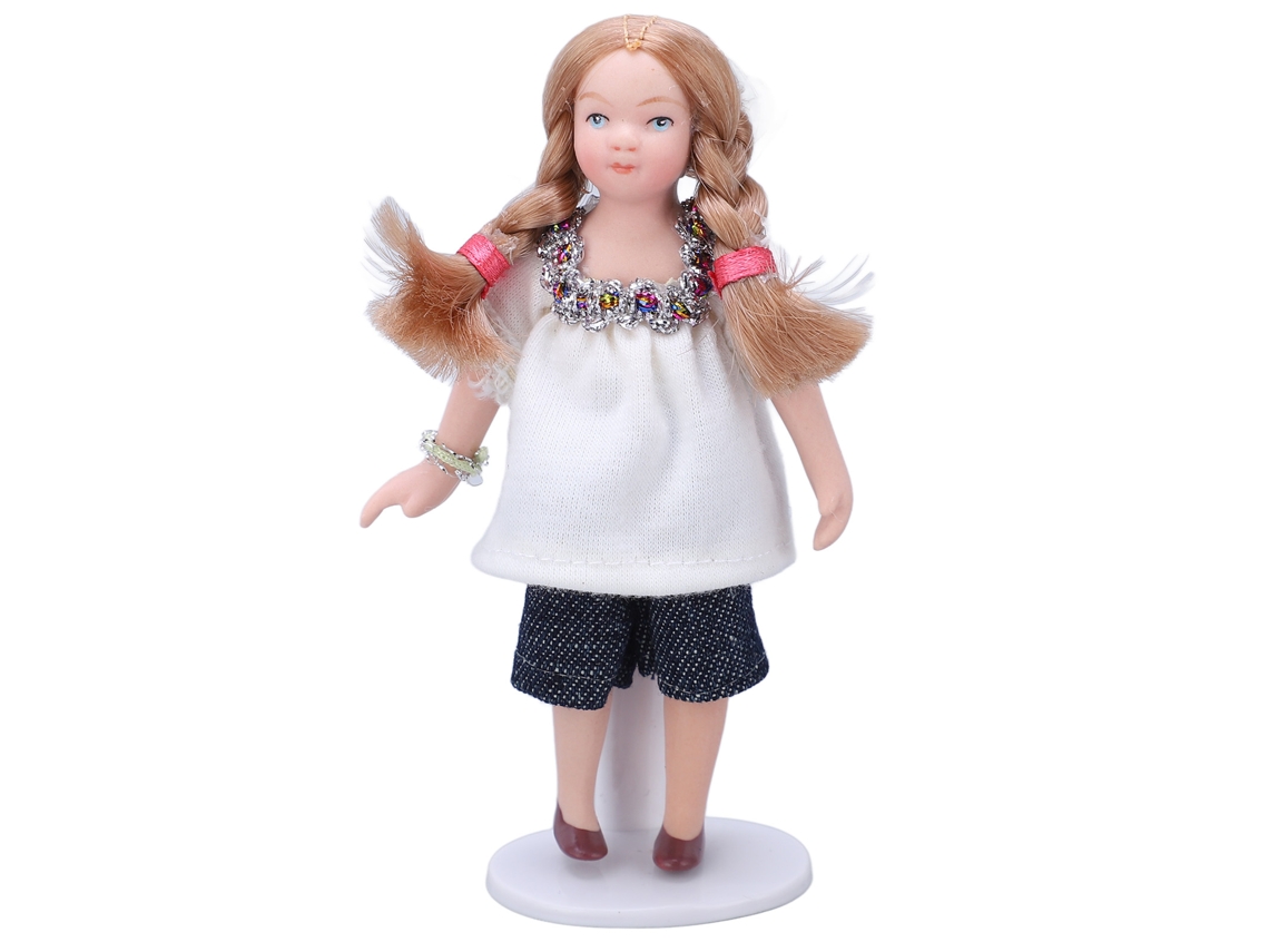 Ats-muñeca Niña Miniatura 1:12 Escala Rubia Camiseta Blanca Pantalones Cortos Figura Porcelana Casa De Muñecas