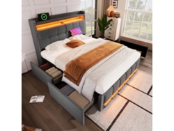 Cama Tapizada De 140x200 Cm, Color Gris, Con Estante Led Y Puerto Usb.