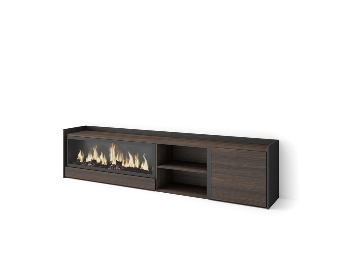 Mueble para TV, 212x35x50cm, para televisores de hasta 80'', chimenea eléctrica XXL, roble oscuro y negro.