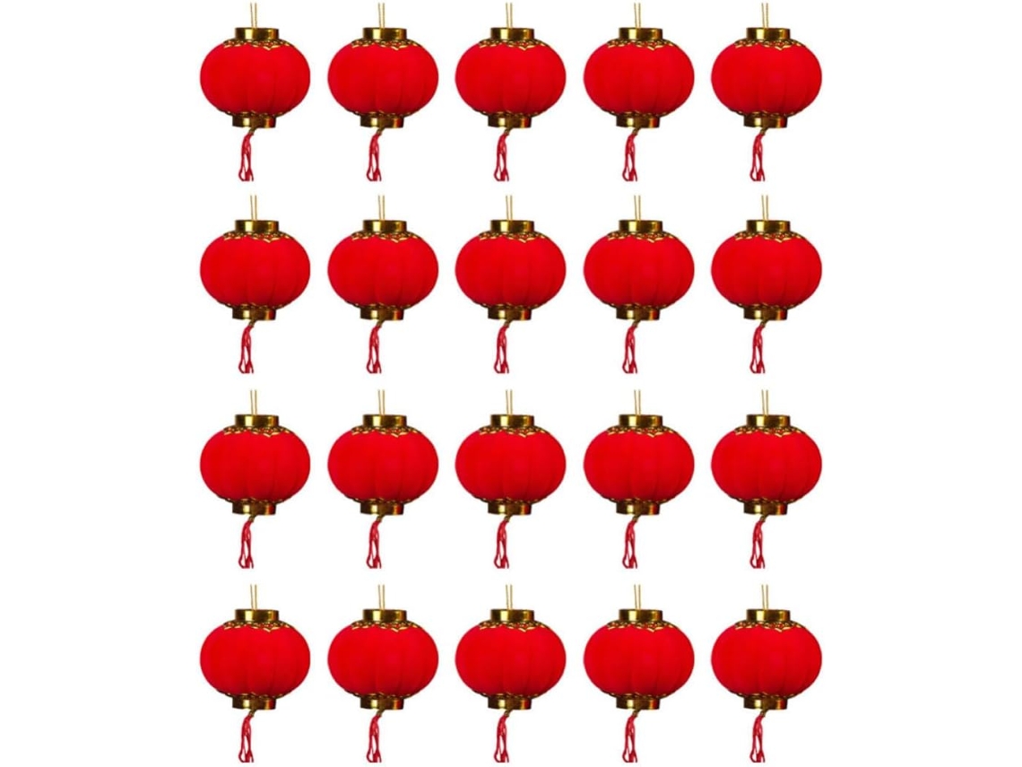 20 Farolillos Chinos Rojos Colgantes Flocada Fáciles Montar Desmontar Decoración Cálida Supermercados Fiestas