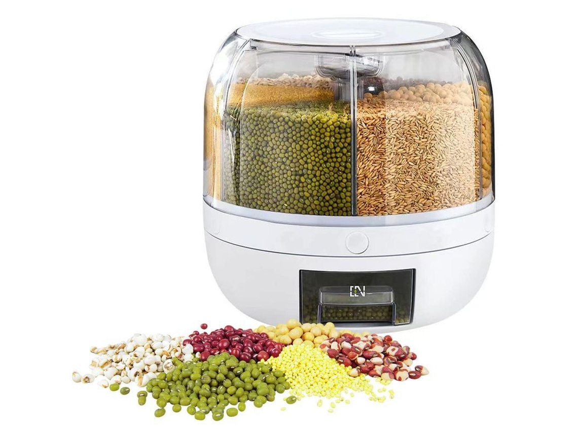 2026-34490-dispensador De Alimentos Redondo Giratorio 360° Con 6 Compartimentos Para Almacenamiento De Cereales Y Granos