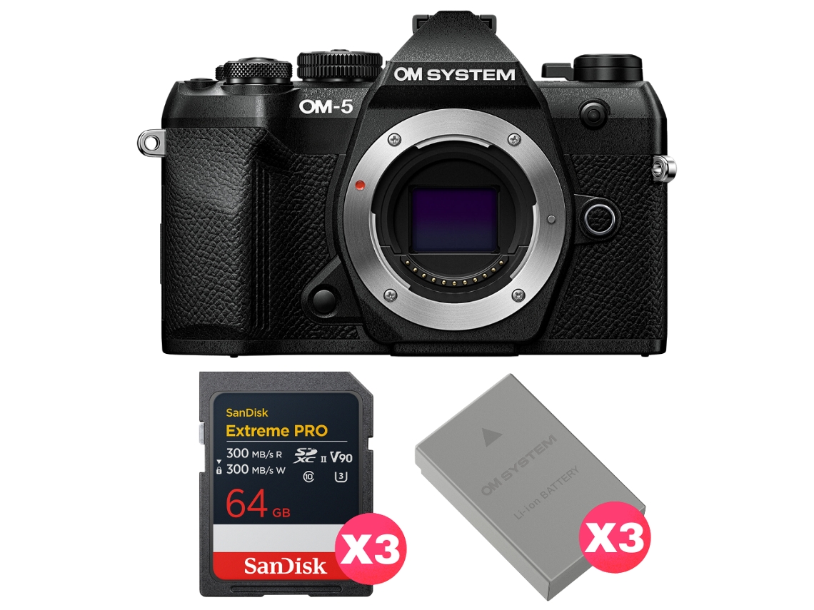 Om System Om-5 Mark Ii Negro + 3 Sandisk 64gb Extreme Pro Uhs-ii Sdxc + 3 Om System Bls-50 + Ebook “20 Consejos Para Fotos Que Impactan”