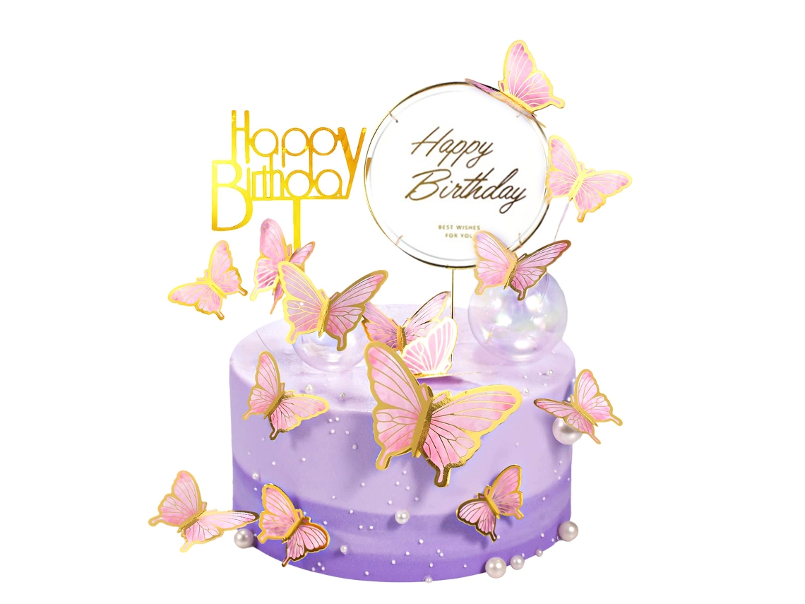 NEVEANCE Adorno para tarta mariposa dorada, Adorno para tarta Happy Birthday