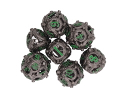 Conjunto de 7 dados Rebe-set de cobre vazados, poliédricos e balanceados, para jogos de tabuleiro, nas cores preto e verde.