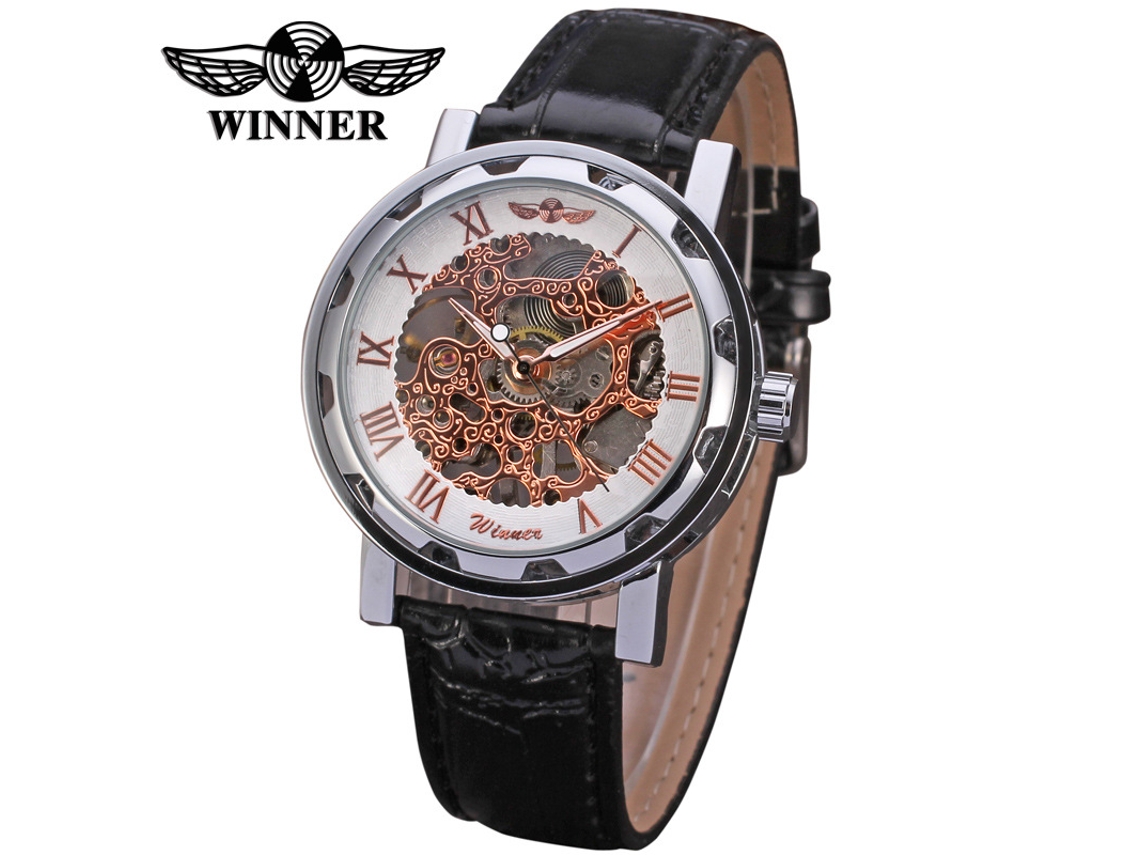 (Estilo 13) Reloj mecánico con correa de cuero esqueletizada, resistente al agua, informal, de pulsera.