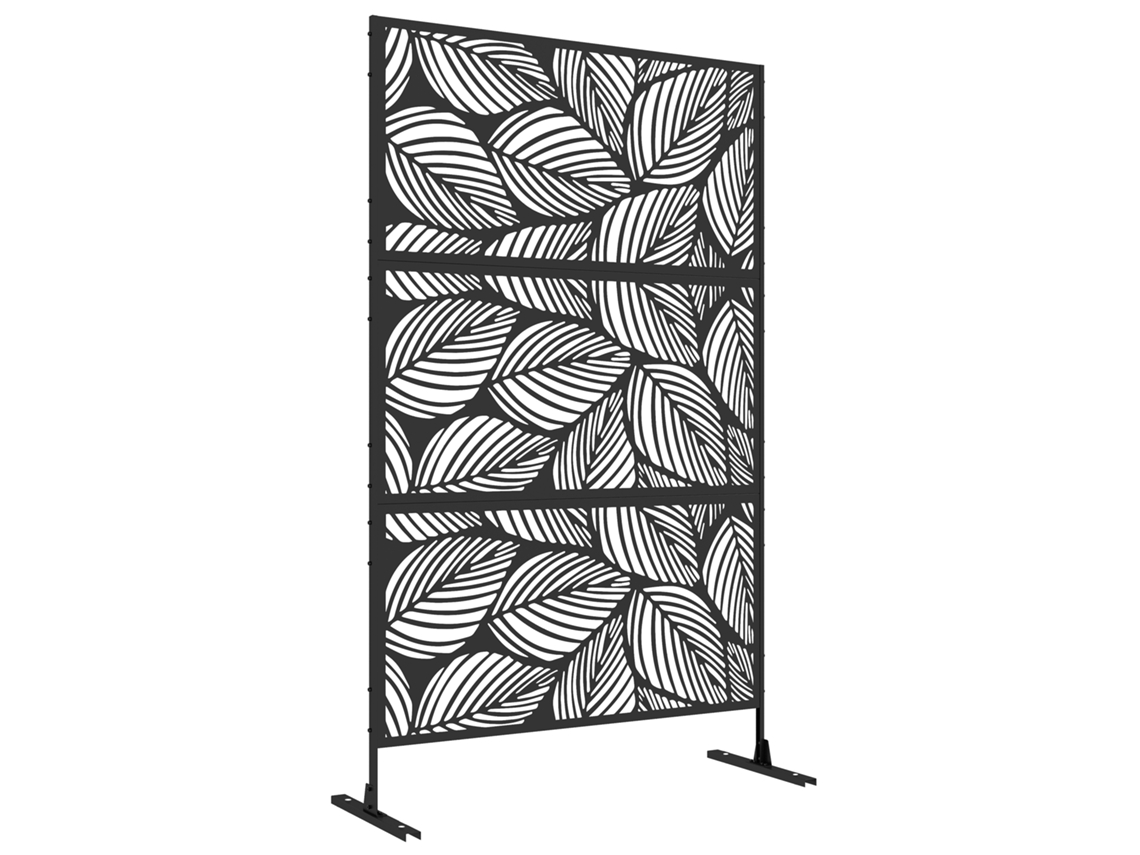 Malla De Privacidad Exterior 122x198cm Patrón Hojas Acero Negro Con Soporte