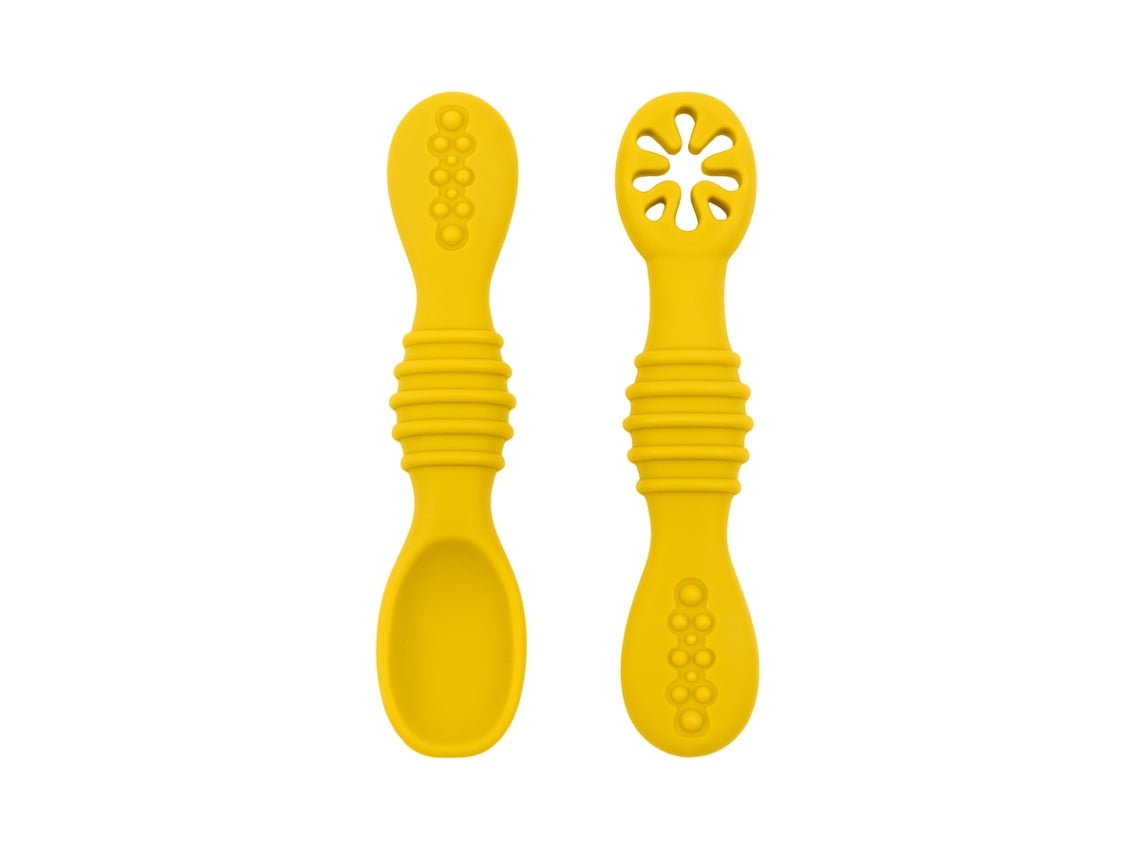 (amarillo) Juego De Cubiertos Para Bebé, Fabricado En Silicona De Grado Alimenticio, Con Cuchara Adhesiva.