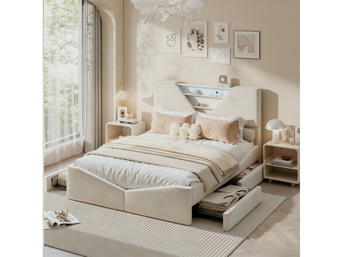 Bastidor Cama Matrimonio 140x190 Cm, Lamas, 4 Cajones, Luz Rgb Led, Franela Beige Adultos Adolescentes Rosahqnda