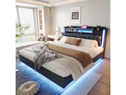 Cama Suspendida De Lino Gris De 160x200 Cm Con Cabecero Led Usb Y Espacio De Almacenamiento, Estilo Moderno Para Adultos.
