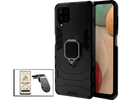 Kit Cristal Templado CeramicGlass Full Cover, Funda 3x1 Miltary Defender y Soporte Magnético L Safe Driving Coche Samsung Galaxy A42 5G PHONECARE N...