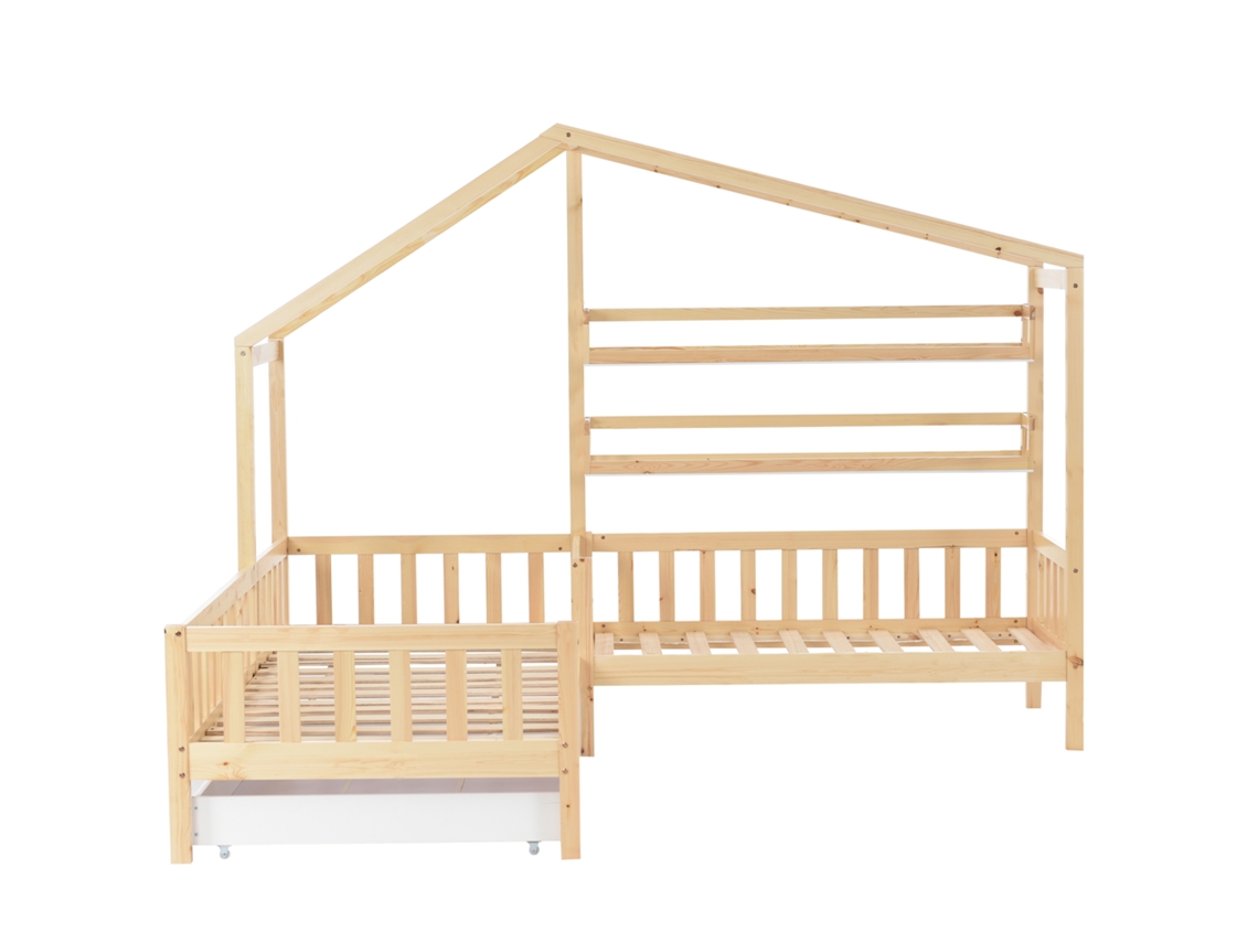 Cama de madera maciza de 90 x 200 x 140 x 70 cm, con cajones y estantes, color natural.