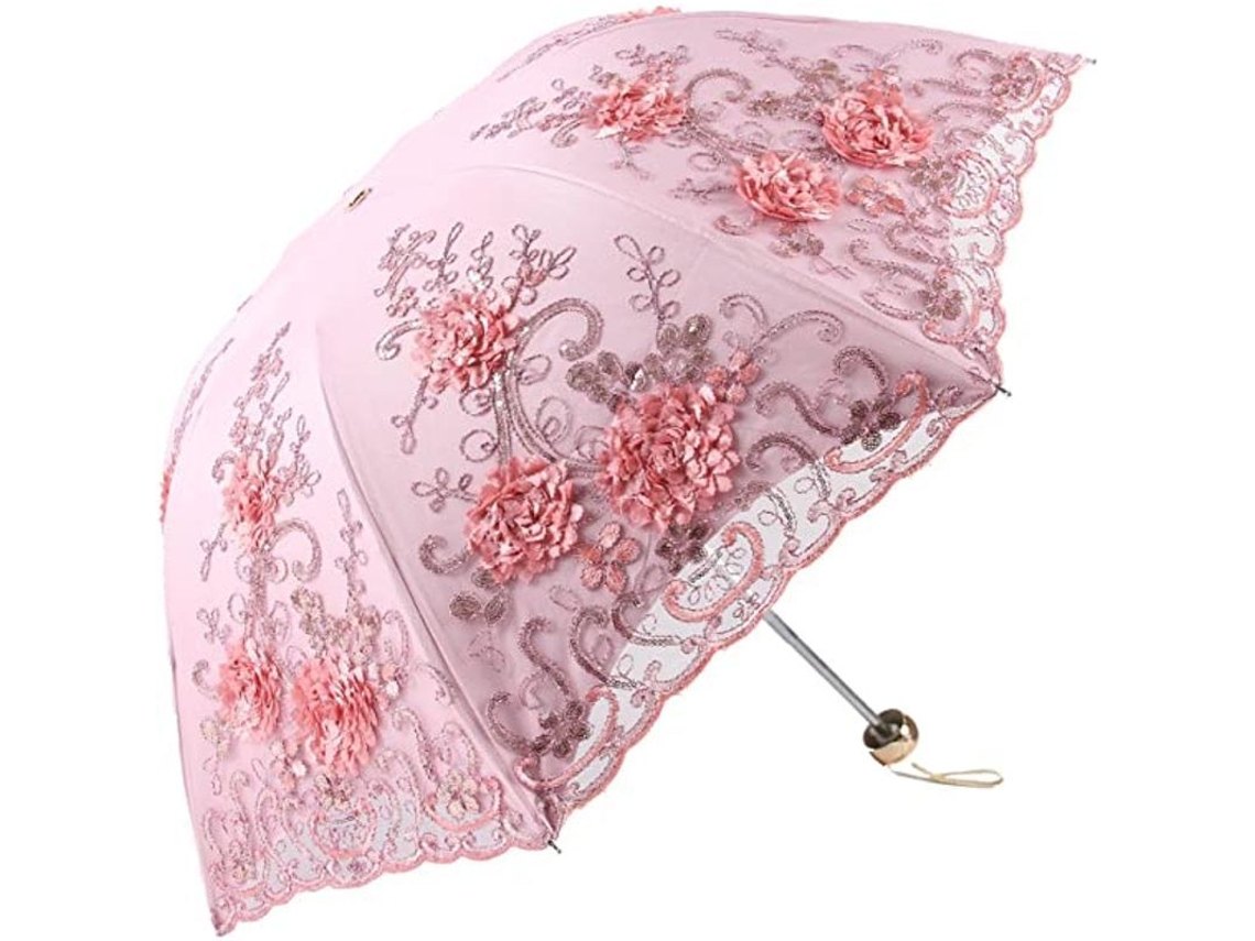 Sombrilla Plegable De Estilo Retro Con Estampado Bordado En 3d, Color Rosa.