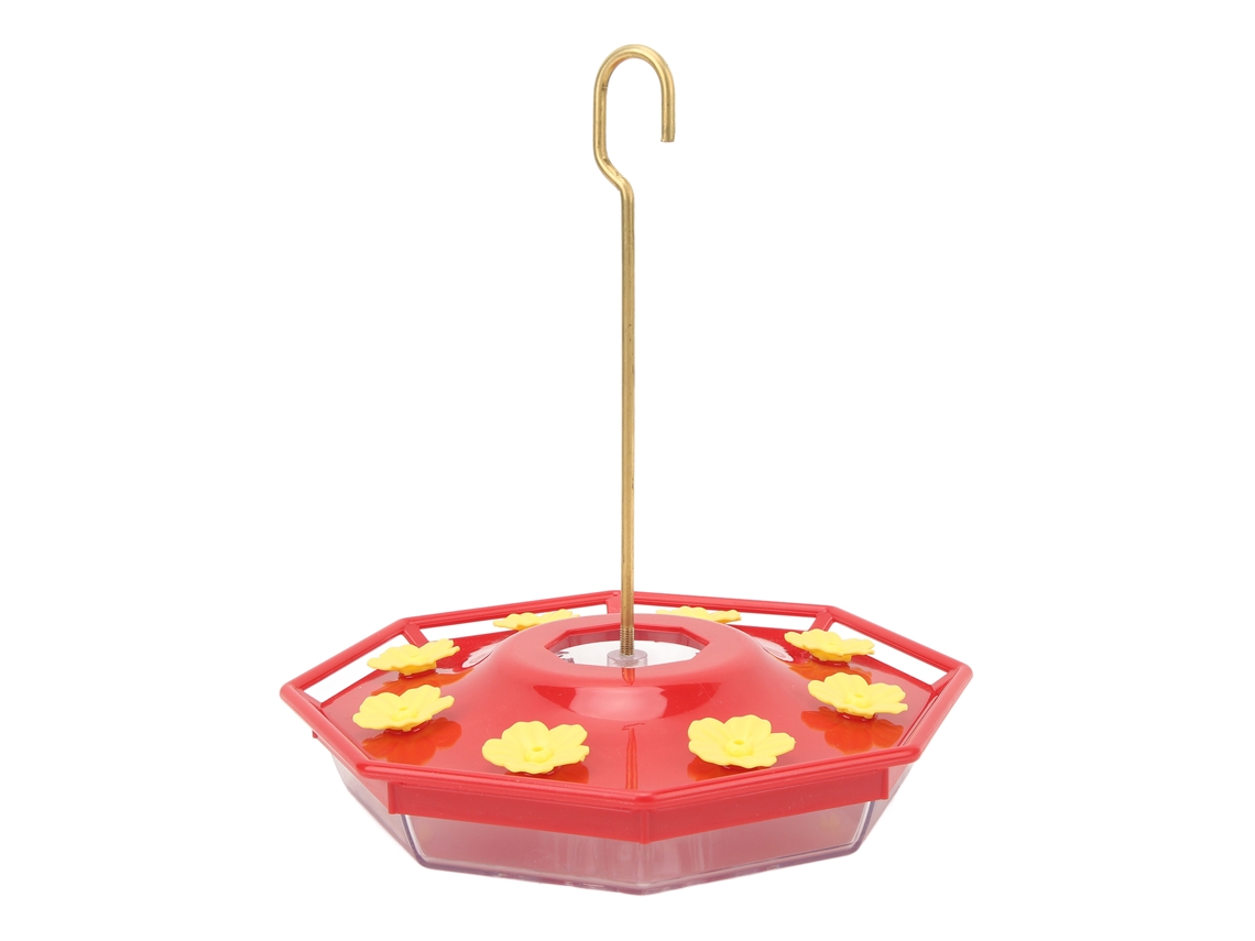 Comedero de plástico para colibríes con 8 flores amarillas y gancho de cobre para colgar al aire libre.