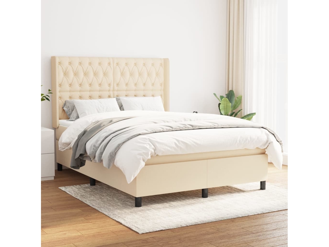 Cama Box Spring Con Colchón Tela Color Crema 140x200 Cm