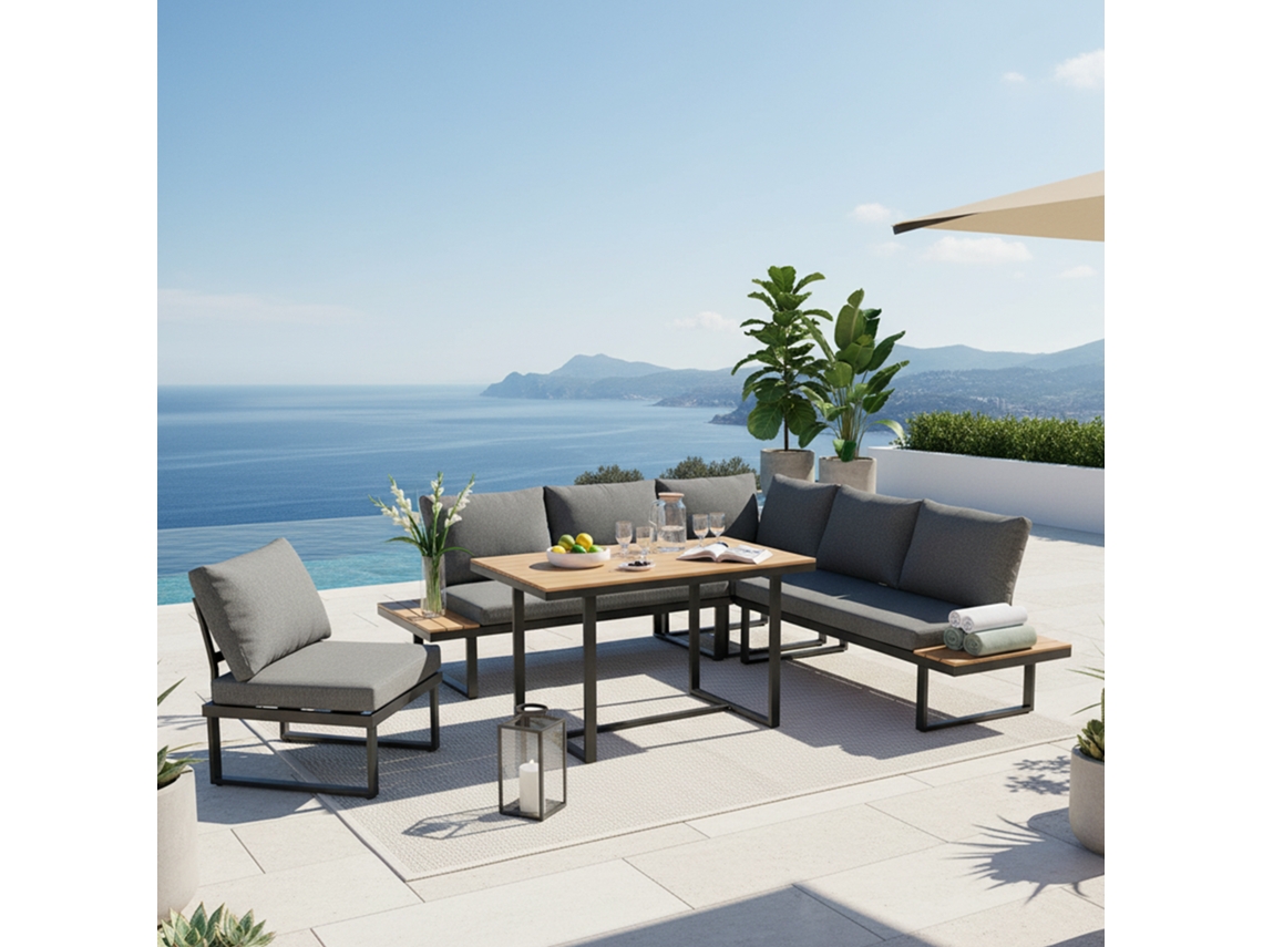 Comedor Jardín Esquinero Reclinable 5 Posiciones, Acero Galvanizado - Negro/gris