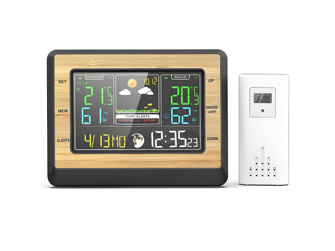 Estación meteorológica inalámbrica con termómetro para interiores y exteriores, reloj atómico digital, pantalla grande con retroiluminación regulable, USB y monitor de humedad.