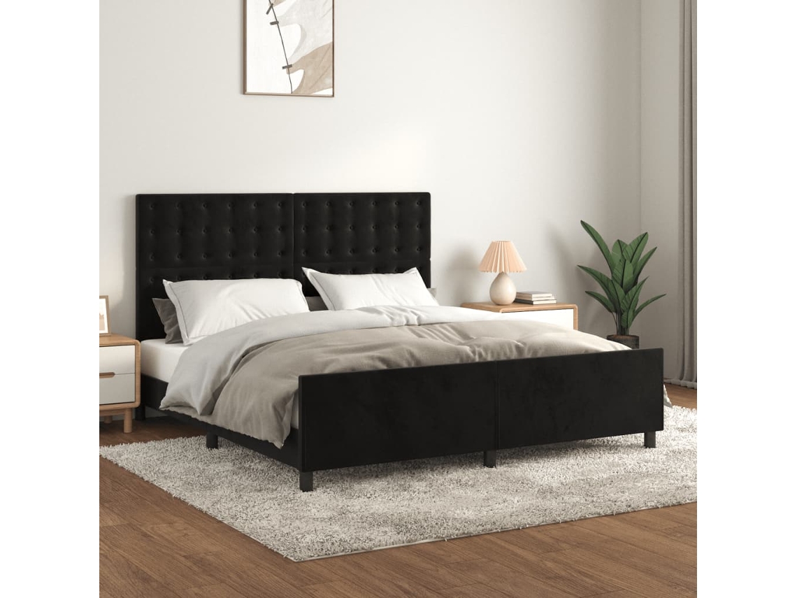 Estructura De Cama Con Cabecero De Terciopelo Negro 180x200 Cm