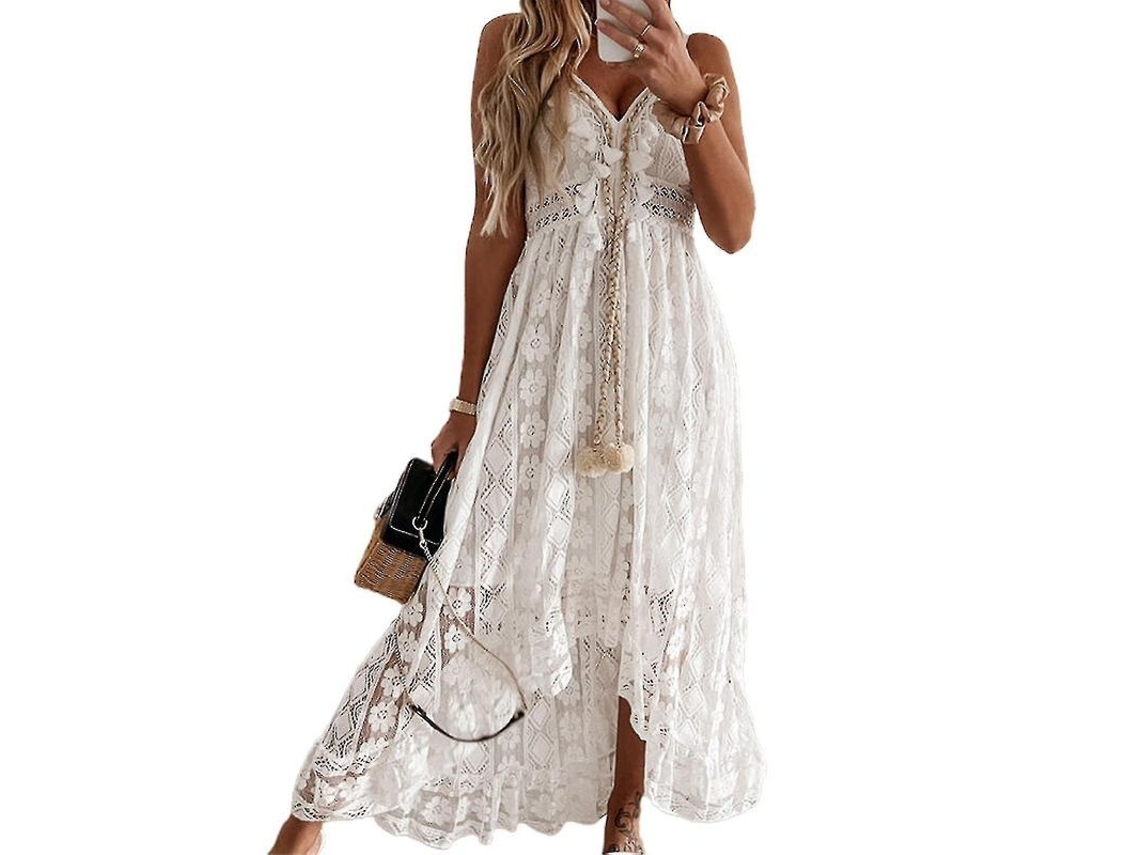2026-vestido Midi De Encaje Con Volantes Para Mujer, Verano Elegante, Escote V, Sin Mangas, Fiesta Y Playa